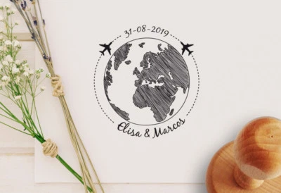 - HECHO A MANO - SELLO BODA , personalizado con tus nombres y fecha, Aviones Mapa 40/50mm