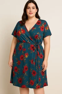 Vestido envolvente floral verde azulado Kaleigh 2XL manga corta tejido elástico hasta la rodilla - Imagen 1 de 3