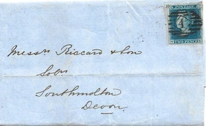 GB 1850 2d Azul 4 Márgenes Envoltura con Londres 4 Número a South Molton Devon - Imagen 1 de 2