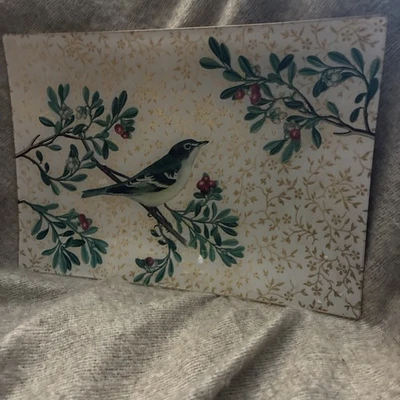 Decorative Glass Tray Dish Bird Holly Fringe Studio Christmas Holiday 7x10.5 - Image 1 of 4