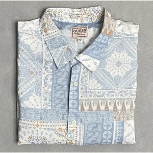 Guess Men's Medium Casual Button Up Shirt Blue/Beige Paisley Patch Print NEW - Picture 1 of 12