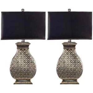 Malaga 30 in. Antique Silver Hammered Metal Table Lamp with Satin Black Shade (S - Picture 1 of 3
