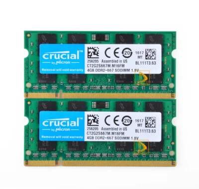 8GB Crucial 2pcs 4GB 2Rx8 PC2-5300S DDR2 667Mhz 200Pin RAM Memory Laptop SO-DIMM - Image 1 of 4