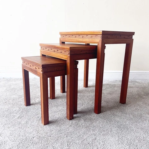 Chinoiserie Hand Carved Asian Wood Nesting/Stacking Tables Cover