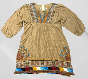 Da-Nang 100% Silk Bohemian Peasant Dress Screen Printed Beaded Embroidered M - Picture 1 of 19