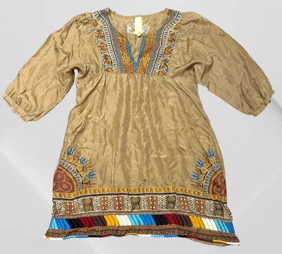 Da-Nang 100% 真丝波西米亚农民礼服丝网印花串珠刺绣 M — 第 1/4 张图片