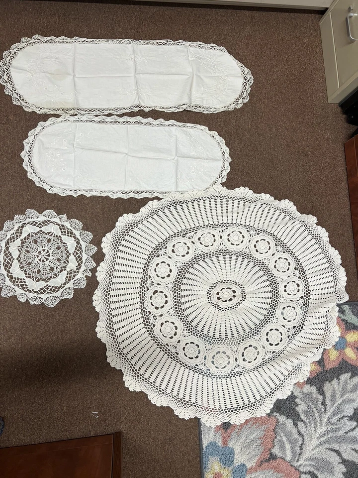 Vintage Round Hand Crochet Tablecloth & Linen Runners Dresser lot of 4 items - Image 1 of 4