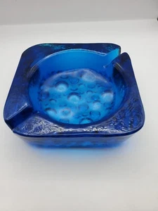 Vintage Blenko Blue Bubble Base Thick Heavy Glass 2 Slot Ashtray Deep Blue - Picture 1 of 18