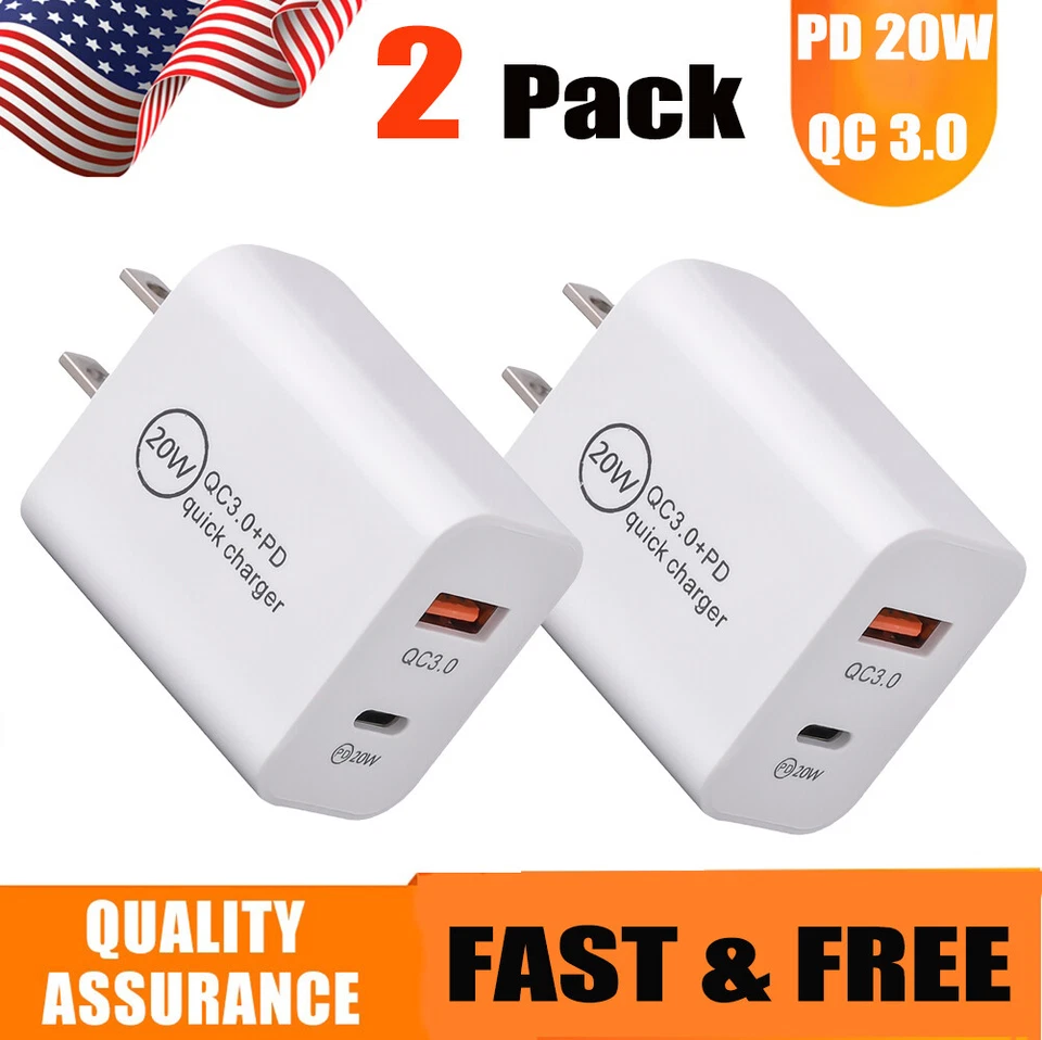 2 X USB PD 20W Quick Type-C QC 3.0 Fast Charge Phone Wall Chargers Adapter White - Image 1 of 4
