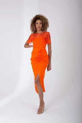 Vestido Virgos Lounge Denise Naranja Adornado Boda Ocasión Fiesta Midi Reino Unido 8 Foto 1 de 3
