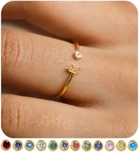 Initial Birthstone Rings for Women Teen Girls Non Tarnish Trendy Stackable Daint - Picture 1 of 7