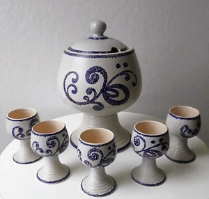 70s Handbemalt Bowle Set 6 tlg. Grau Blau Keramik 70er - Picture 1 of 14