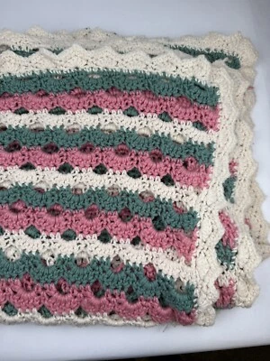 Handmade Knitted Crocheted Blanket Pink Cream & Teal Twin 66” X 72” - Image 1 of 4