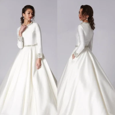 Белые мусульманские свадебные платья атласный кристалл собранными в Рюш свадебное платье Sweep поезд - Изображение 1 из 4