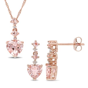 Amour 14k Rose Gold Morganite Diamond Drop Earrings and Pendant with Chain Set - Picture 1 of 5