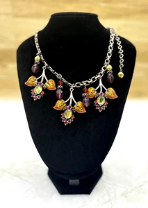 Chicos Floral Rhinestone Statement Necklace 17" Extender Enamel Leaf Silvertone - Picture 1 of 15