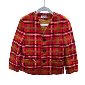 Vintage 60s kids merry mites red and gold plaid collarless jacket Size 5 - Picture 1 of 6