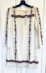 NWT Alice + Olivia sz 10 ivory cotton multicolor embroidered crochet trim dress - Picture 1 of 6