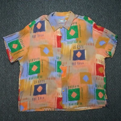 VINTAGE Jams World Shirt Mens 3XL Blue Gold Abstract Colorful Rayon Short Sleeve - Image 1 of 4