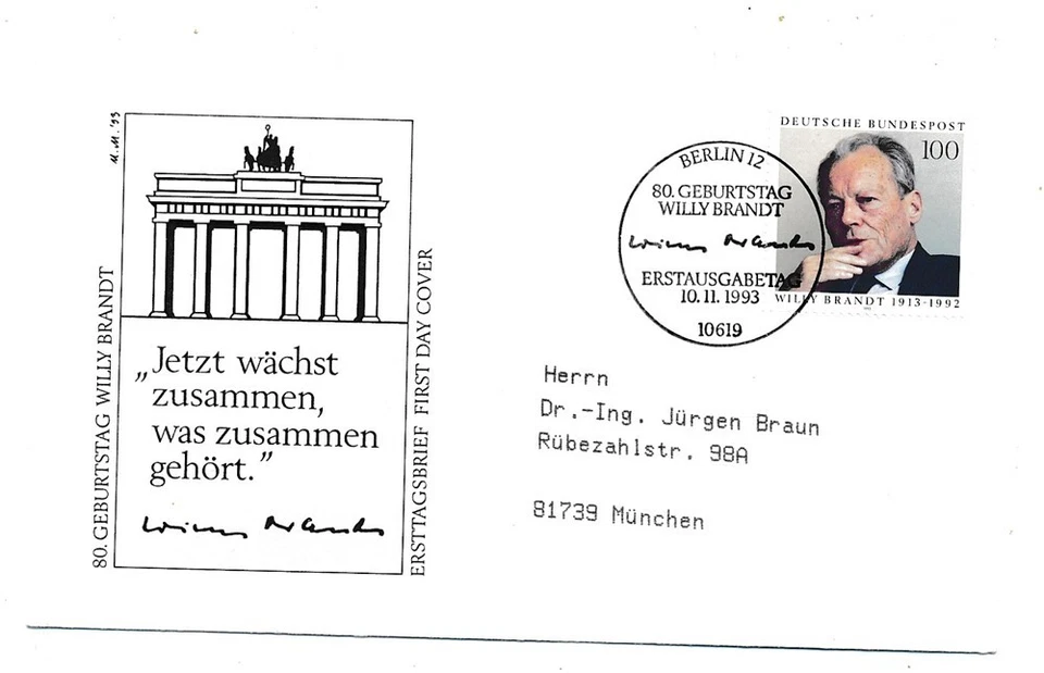 D413445 Germany FDC 80th Anniversary Willy Brandt - Image 1 of 1