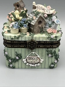 Vintage Garten Vogelhaus Blumen Rosen aufklappbare Schmuckschatulle 1998 - Bild 1 von 11