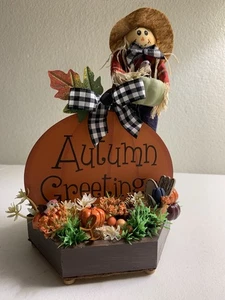 Fall Scarecrow Pumpkins Small Wood Box Tiered Tray Table Decor Florals Bird New - Picture 1 of 10