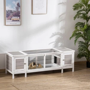 PawHut Rabbit Hutch, Guinea Pig Cage w/ Slide Out Tray & Bunny Run, Grey - Picture 1 of 11