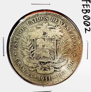 Venezuela 5 Bolivares 1911 90% Silver Coin Crown Key Bolivar Horse Stallion - Picture 1 of 2