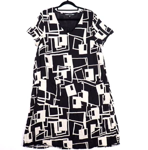 Willow Tree Shift Dress Size 14 Beige Black Linen Rayon Pockets Minimilist - Picture 1 of 10