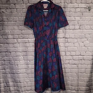 Vintage California Looks Size 10 Midi Multicolor Leaf Print Dress Made in USA - Picture 1 of 5