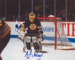 ANDY MOOG AUTOGRAPH SIGNED 8X10 PHOTO BOSTON BRUINS COA STANDING IN CREASE