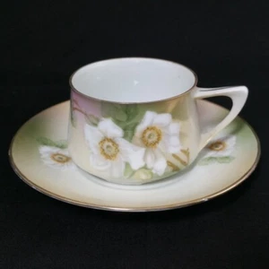 Vintage RS Germany Demitasse Cup & Saucer White Wild Rose Hand Painted - Picture 1 of 11