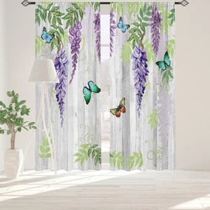 2Pcs Plank Butterfly Flower Window Curtains Drapes Bedroom Living Room Kitchen - Picture 1 of 24