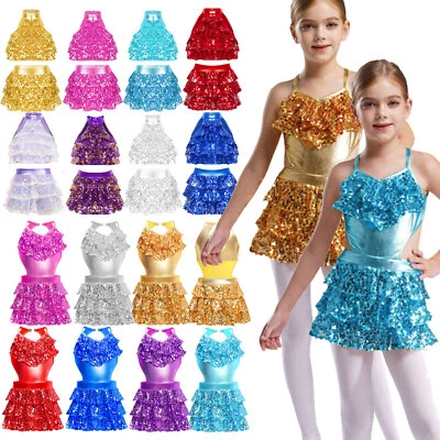 Kid Girls Shiny Sparkle Backless Latin Jazz Salsa Ballet Dress Dancewear Costume - Image 1 of 4
