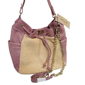 Neu mit Etikett Unica Firenze handgefertigt Italien Leder Stroh Schultertasche Bucket Bag Mauve Rouge - Bild 1 von 8