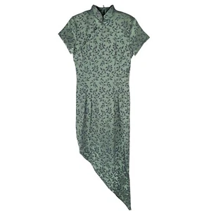 Vintage 90s Dawn Joy Green Cheongsam Maxi Dress Satin Floral Goth Grunge 9/10 - Picture 1 of 11