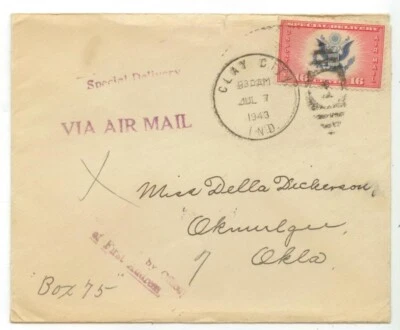 1943 Clay City Indiana to Okmulgee Oklahoma 16ct Sc CE2 non-philatelic usage - Image 1 of 2