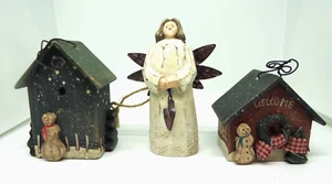 3er Set Primitive Holz Landhaus Engel & Haus Weihnachtsschmuck Neu ohne Etikett - Bild 1 von 2