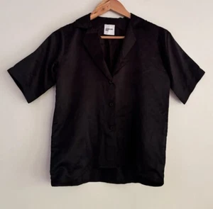 ORSEUND IRIS Ladies Top Size Small Black Button Up Collared Crop Satin Short Sl. - Picture 1 of 15