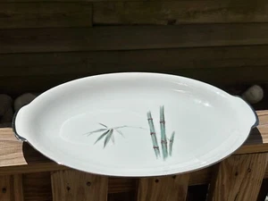 SANGO ~ Bamboo Collection ~ MCM 16” Oval Platter w/handles silver edging (Japan) - Picture 1 of 16