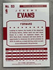 2015-16 Panini NBA Hoops Red Back Jeremy Evans Dallas Mavericks No. 93