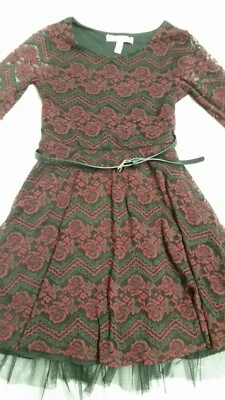 Vestido Speechless Niñas Talla 8 Rojo Encaje Sobre Forro Negro Manga 3/4" Cinturón Brillante Foto 1 de 4
