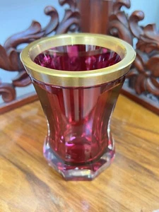 Antique Biedermaier Bohemian Czech Cur Crystal Ruby Glass Gold Tumbler Cup - Picture 1 of 9