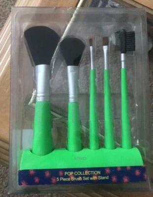 New Pop Collection 5 Piece Makeup Brush Set W/Stand Green Foto 1 de 2