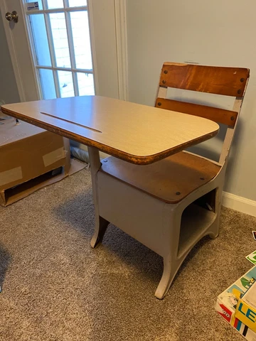Vintage Metal Wood Child School Student Desk with attached Chair Cover