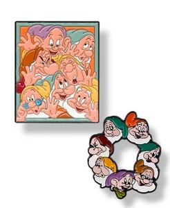2 Schneewittchen Metall Emaille Pin Sneezy Happy Bashful Dopey Grumpy Sleepy Doc Zwerge - Bild 1 von 7