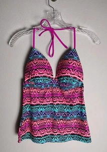 Hula Honey Neon Coral Turquoise Fuchsia Halter Tankini Tank Top Large - Picture 1 of 4