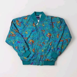 Vintage Bovattini Jacket Women's Blue Paisley Full Zip Bomber Mock Neck Lined - Picture 1 of 15