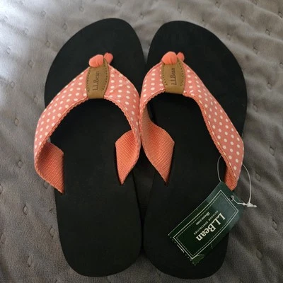 NWT LL Bean Women's Maine Isle Pink PolkaDot Canvas Thong Flip Flops Sandals Sz6 - Image 1 of 4