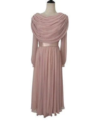 Vestido de manga comprida drapeado de chiffon rosa anos 80 Ursula Of Switzerland tamanho 6 glam  - Imagem 1 de 4